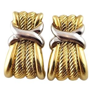 David Yurman 14K Yellow & White Gold Large Cable X Earrings Omega Backs #18411